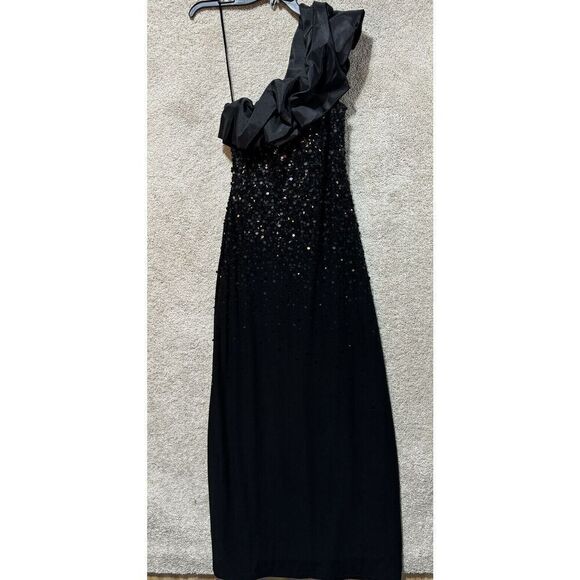 Mignon Maxi Gown Dress Women's 6 Black One Puff Shoulder Sequined Sheath Stretch - Picture 1 of 14